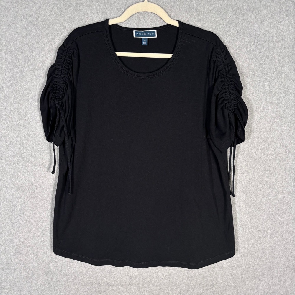 Karen Scott Ruched Sleeve Shirt XL Black Cotton Modal Minimal Basic Everyday